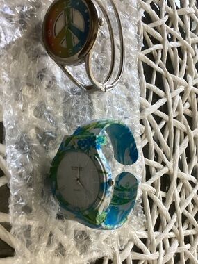 Embassy Blue & White Cuff Watch & Peace Sign Silver Bangle Bracelet.